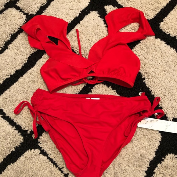 Red Bikini Ruffle top and side ruching bottom - Picture 8 of 8
